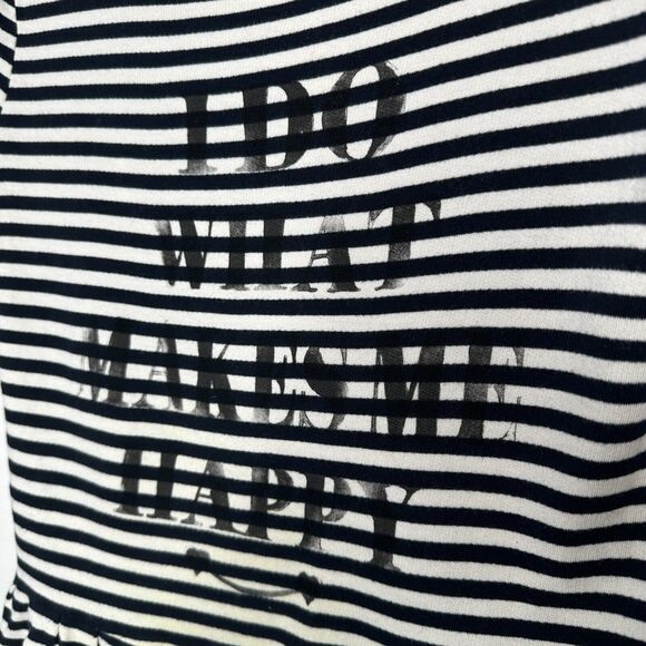 MNG Mango Black White Stripe I Do What Makes Me Happy Short Sleeve Ruffle Tee SM - Picture 3 of 9